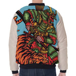 Japanese Samurai And Tiger Print Zip Sleeve Bomber Jacket