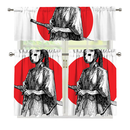 Japanese Samurai Girl Print 3 Piece Kitchen Curtains