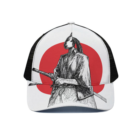 Japanese Samurai Girl Print Black Mesh Trucker Cap