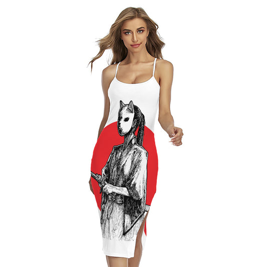 Japanese Samurai Girl Print Cross Back Cami Dress