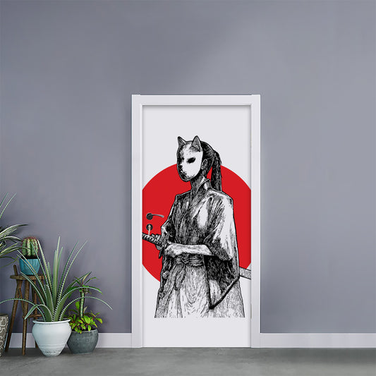 Japanese Samurai Girl Print Door Sticker
