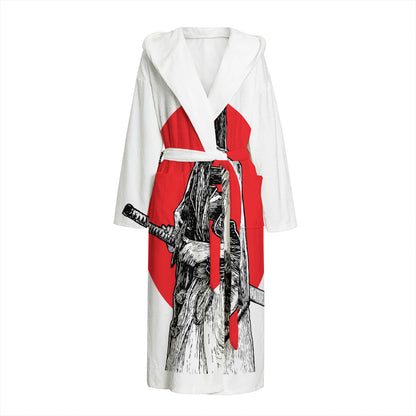 Japanese Samurai Girl Print Hooded Bathrobe