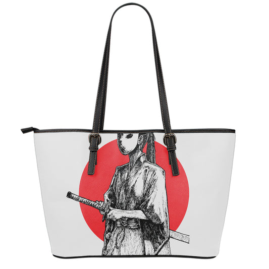 Japanese Samurai Girl Print Leather Tote Bag
