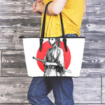 Japanese Samurai Girl Print Leather Tote Bag