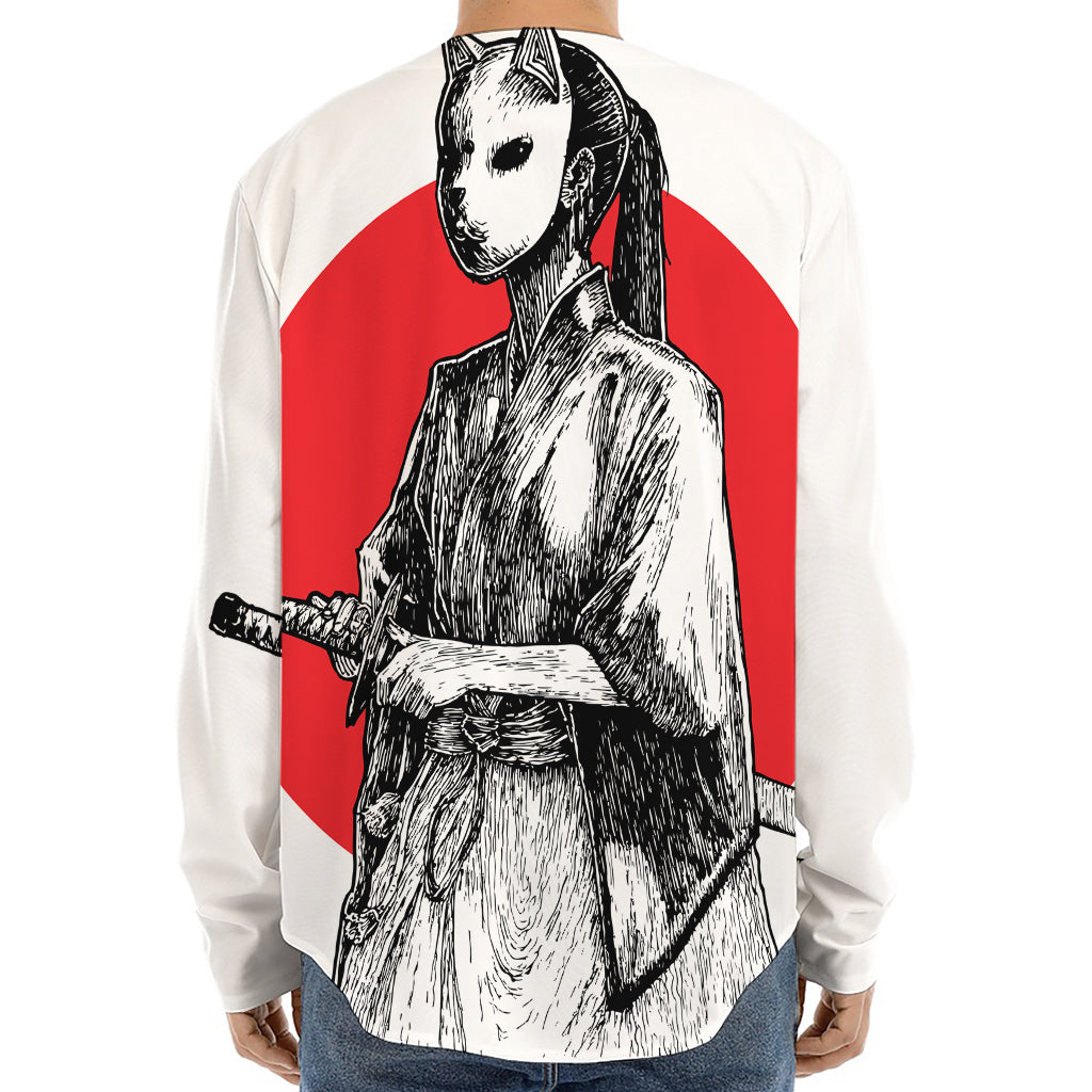 Japanese Samurai Girl Print Long Sleeve Baseball Jersey