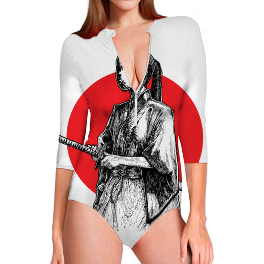 Japanese Samurai Girl Print Long Sleeve Swimsuit