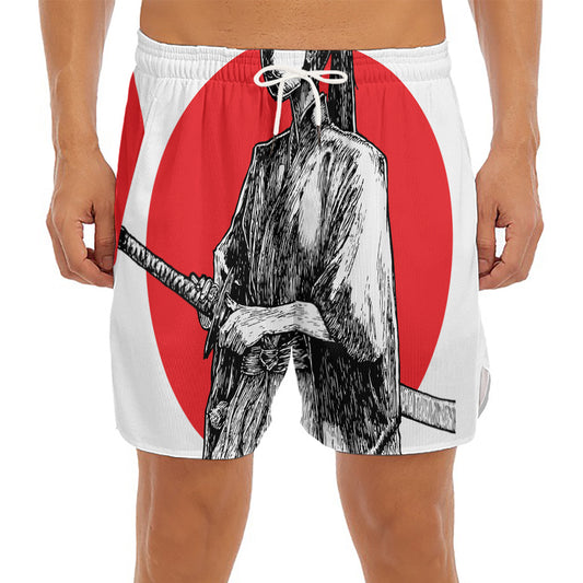 Japanese Samurai Girl Print Men's Split Running Shorts