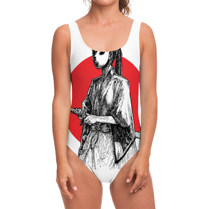 Japanese Samurai Girl Print One Piece Swimsuit