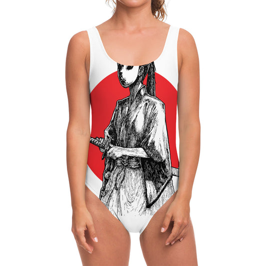 Japanese Samurai Girl Print One Piece Swimsuit
