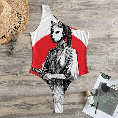 Japanese Samurai Girl Print One Shoulder Bodysuit