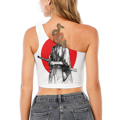 Japanese Samurai Girl Print One Shoulder Crop Top