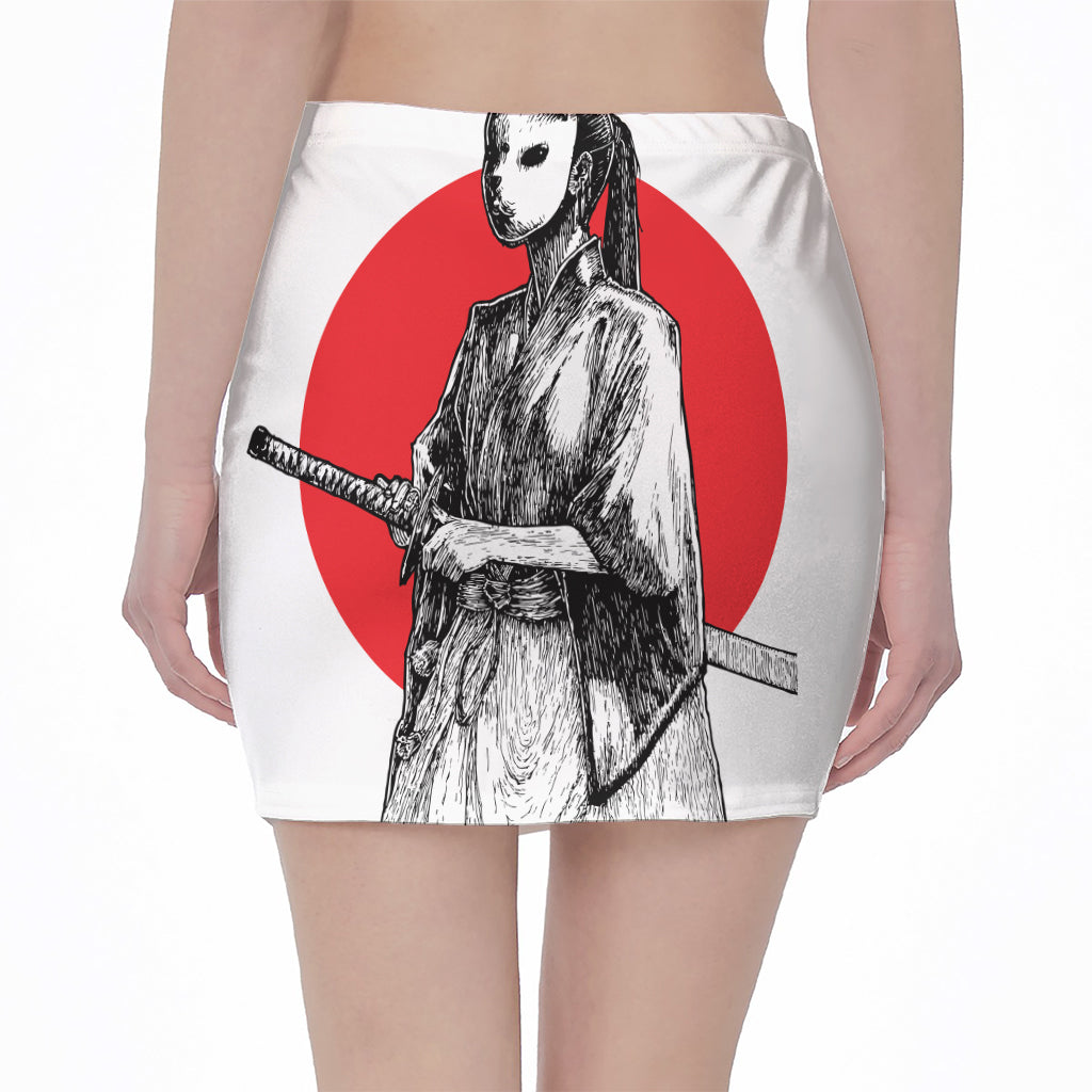 Japanese Samurai Girl Print Pencil Mini Skirt