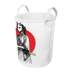 Japanese Samurai Girl Print Round Laundry Basket