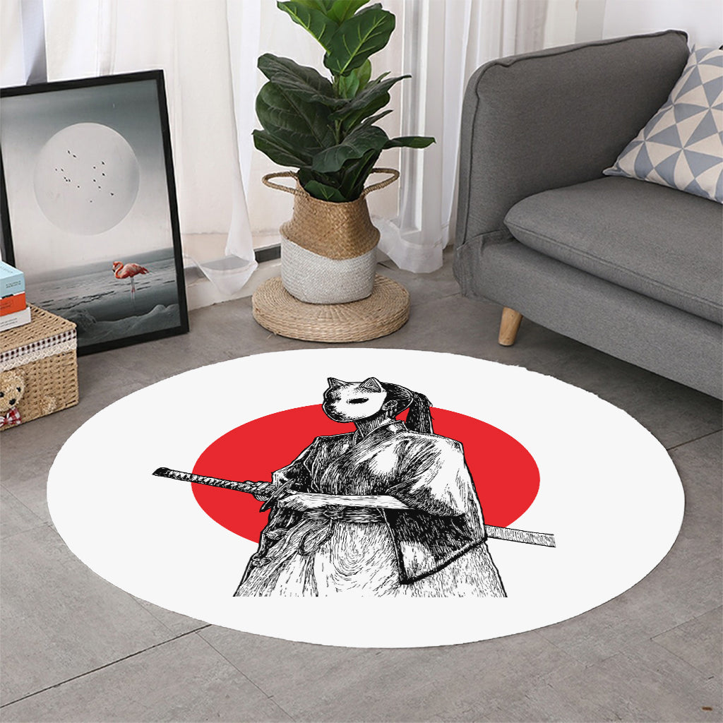 Japanese Samurai Girl Print Round Rug