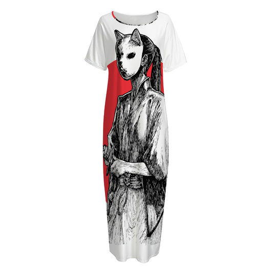 Japanese Samurai Girl Print Short Sleeve Long Nightdress