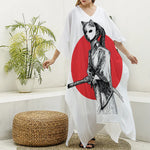 Japanese Samurai Girl Print Silk V-Neck Kaftan Dress