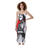 Japanese Samurai Girl Print Slim Fit Midi Cami Dress