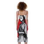 Japanese Samurai Girl Print Slim Fit Midi Cami Dress