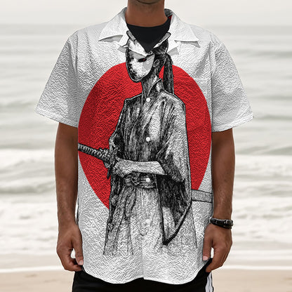 Japanese Samurai Girl Print Textured Short Sleeve Shirt