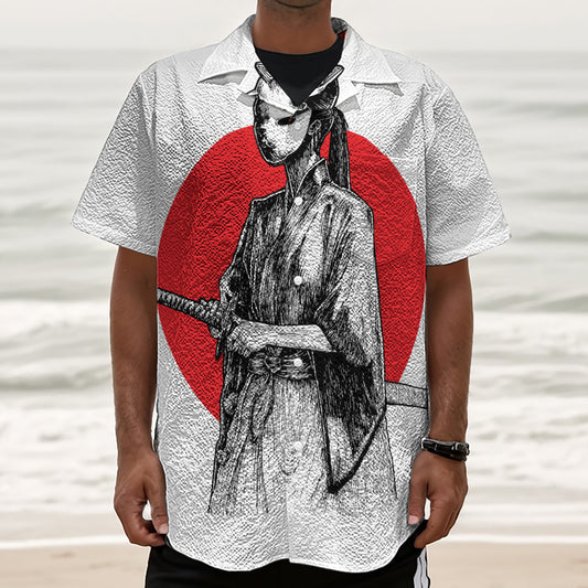 Japanese Samurai Girl Print Textured Short Sleeve Shirt