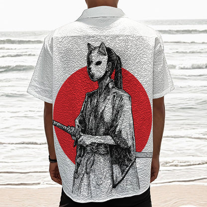 Japanese Samurai Girl Print Textured Short Sleeve Shirt