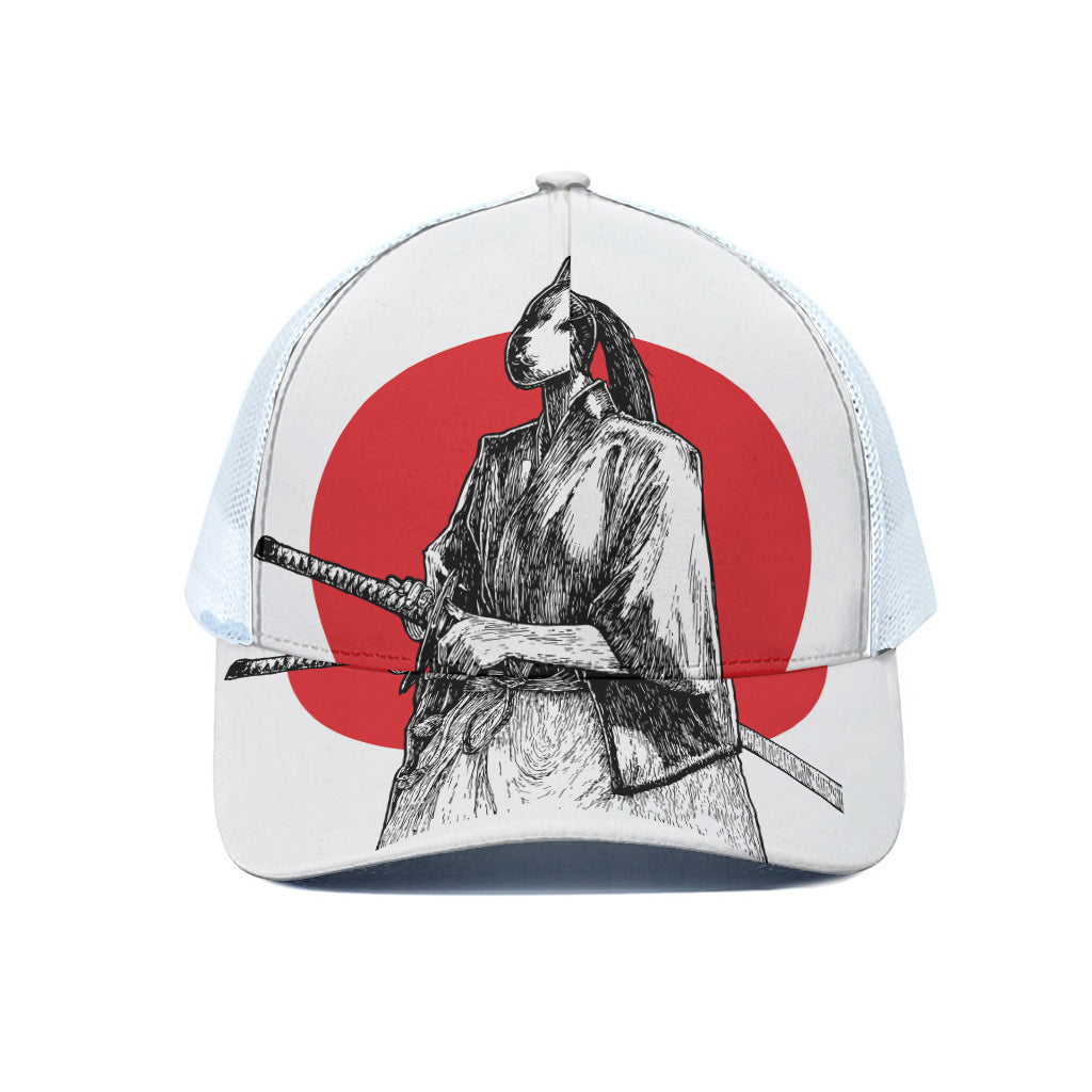 Japanese Samurai Girl Print White Mesh Trucker Cap