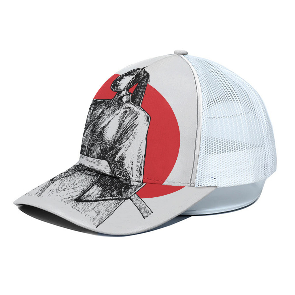 Japanese Samurai Girl Print White Mesh Trucker Cap
