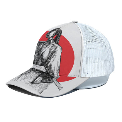Japanese Samurai Girl Print White Mesh Trucker Cap