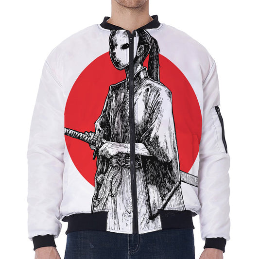 Japanese Samurai Girl Print Zip Sleeve Bomber Jacket