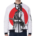Japanese Samurai Girl Print Zip Sleeve Bomber Jacket