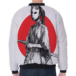 Japanese Samurai Girl Print Zip Sleeve Bomber Jacket