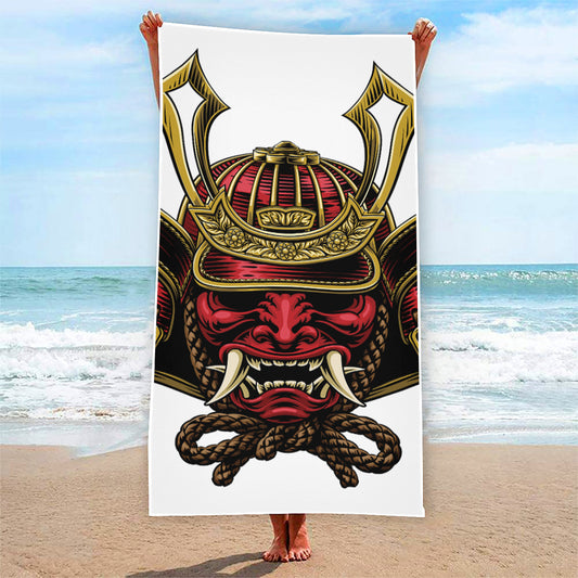 Japanese Samurai Helmet Print Beach Towel