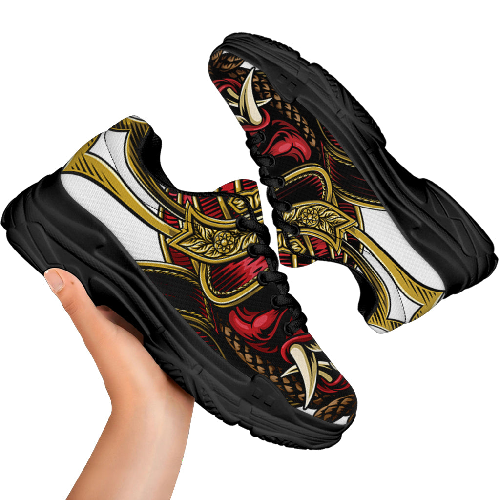 Japanese Samurai Helmet Print Black Chunky Shoes