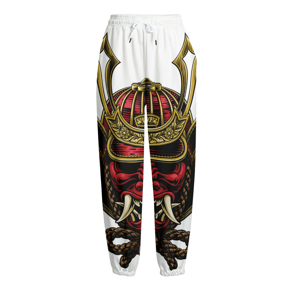 Japanese Samurai Helmet Print Fleece Lined Knit Pants