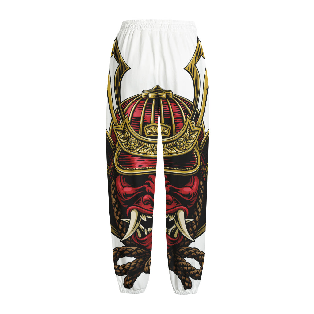 Japanese Samurai Helmet Print Fleece Lined Knit Pants