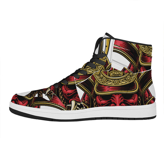 Japanese Samurai Helmet Print High Top Leather Sneakers