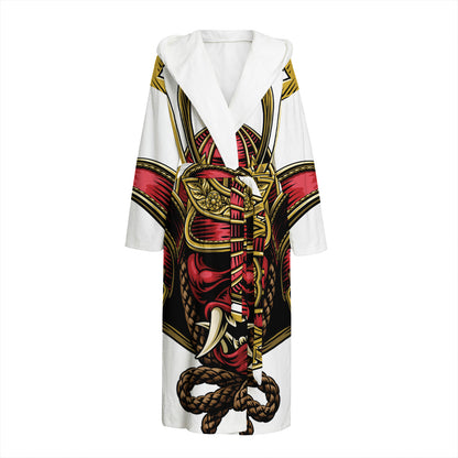 Japanese Samurai Helmet Print Hooded Bathrobe