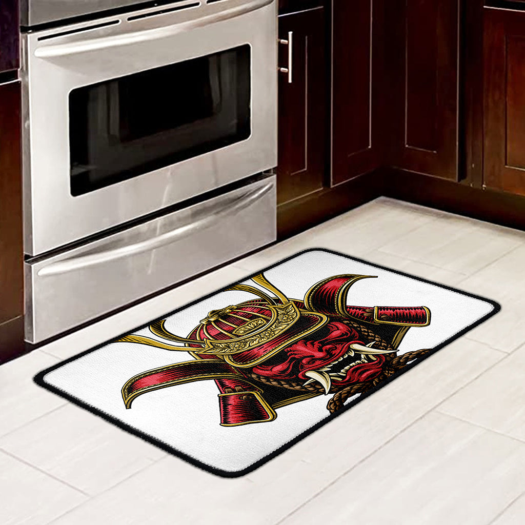 Japanese Samurai Helmet Print Kitchen Mat