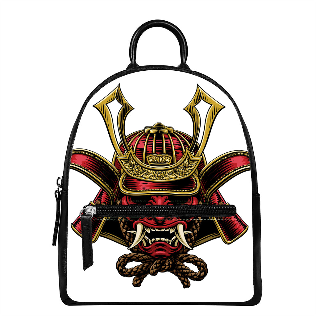 Japanese Samurai Helmet Print Leather Backpack