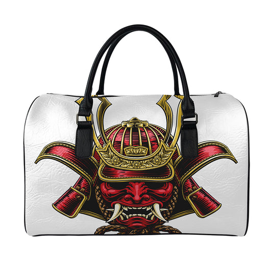 Japanese Samurai Helmet Print Leather Duffle Bag
