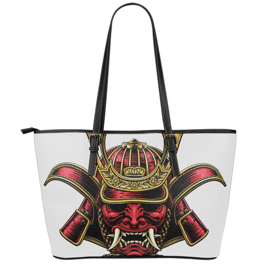 Japanese Samurai Helmet Print Leather Tote Bag