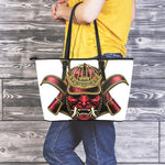 Japanese Samurai Helmet Print Leather Tote Bag
