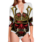 Japanese Samurai Helmet Print Long Sleeve Swimsuit