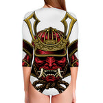 Japanese Samurai Helmet Print Long Sleeve Swimsuit