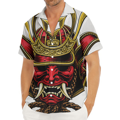 Japanese Samurai Helmet Print Men's Deep V-Neck Shirt