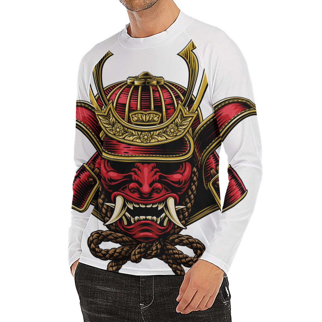 Japanese Samurai Helmet Print Men's Long Sleeve Rash Guard