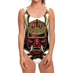 Japanese Samurai Helmet Print One Piece Swimsuit