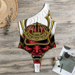 Japanese Samurai Helmet Print One Shoulder Bodysuit