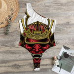 Japanese Samurai Helmet Print One Shoulder Bodysuit