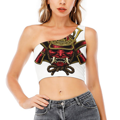 Japanese Samurai Helmet Print One Shoulder Crop Top